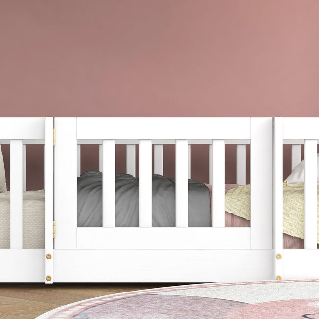 3FT Bunk Bed, Bed with Fences and Door, Children's Bed with Fall Protection and Railings, Solid Wood, White (190x90cm)_6