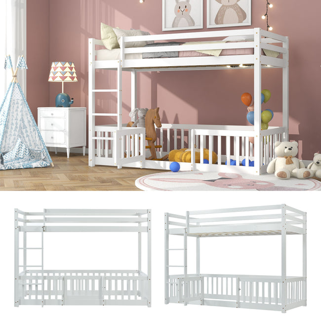 3FT Bunk Bed, Bed with Fences and Door, Children's Bed with Fall Protection and Railings, Solid Wood, White (190x90cm)_2