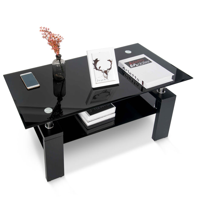 Glass living Room Coffee Table Black Modern Rectangle With Lower Shelf (Black-100CM)_2