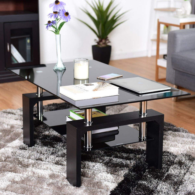 Glass living Room Coffee Table Black Modern Rectangle With Lower Shelf (Black-100CM)_10