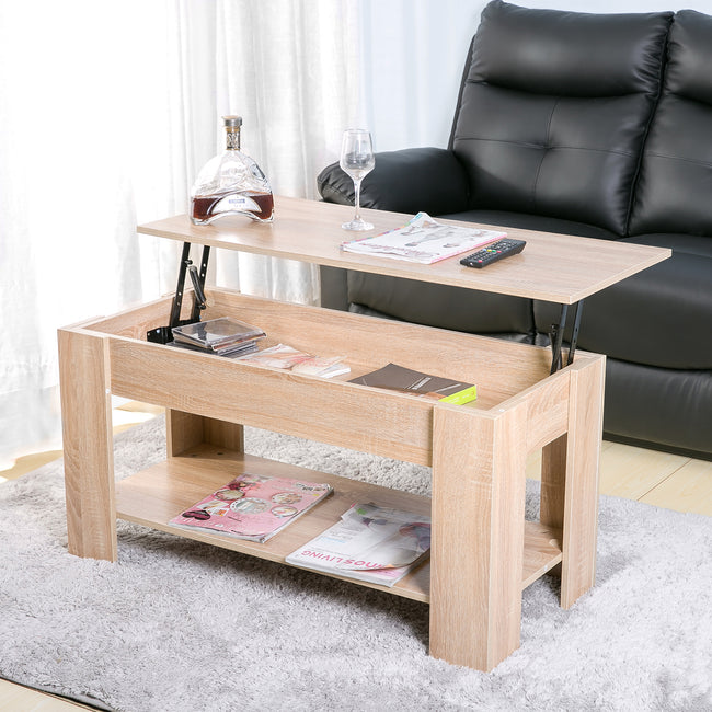 Lift up Top Coffee Table with storage and shelf living room(Oak)_7