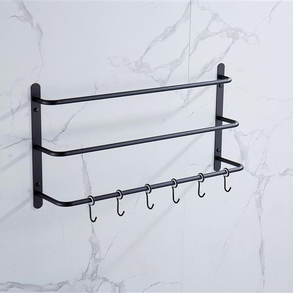 THREE Stagger Layers Towel Rack Upgraded with SIX Movable Hooks Stainless Steel Towel Bars Bathroom Accessories Set for Hanging Bath Sponge and Towels Matte Black 60CM