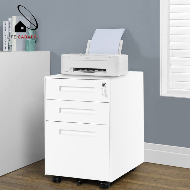 (SALE)3 Drawer File Cabinet Filing Pedestal Metal Solid Mobile with Keys, Fully Assembled Except Casters（White）_8