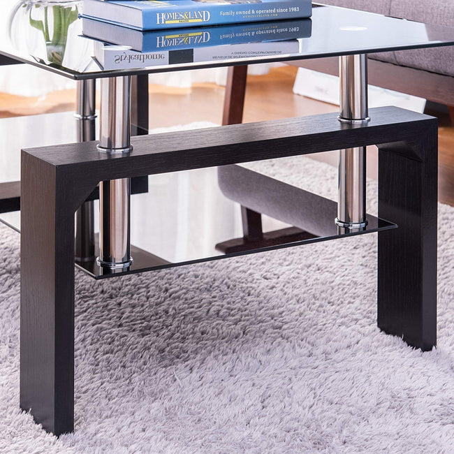 Leisure Zone ® Glass living Room Coffee Table Black Modern Rectangle With Lower Shelf (Black-100CM)_4