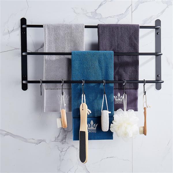 THREE Stagger Layers Towel Rack Upgraded with SIX Movable Hooks Stainless Steel Towel Bars Bathroom Accessories Set for Hanging Bath Sponge and Towels Matte Black 60CM